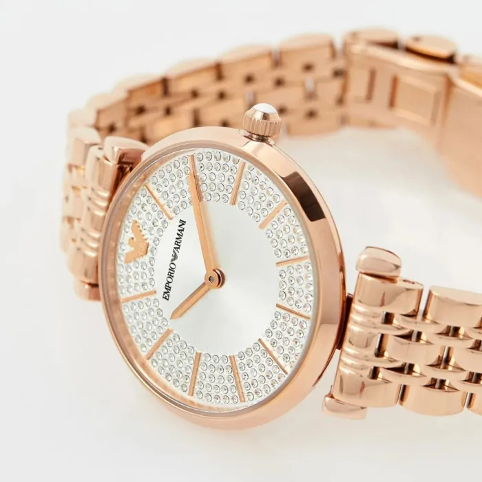 Emporio Armani Gianni T-Bar Crystals Silver Dial Rose Gold Steel Strap Watch For Women - AR11446 - Image 2